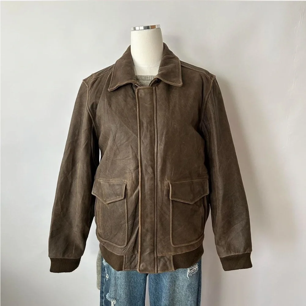 Vintage 1990s Class Club Distressed Leather Streetwear Bomber Jacket Brown. - Picture 3 of 8